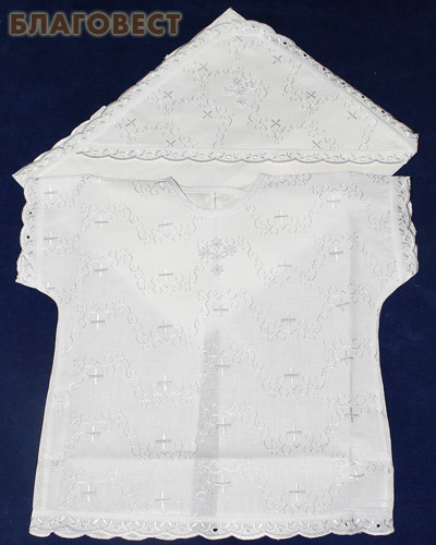 Крестильный набор «Крестик» (рубашка, пеленка-уголок). Возраст 0-6 месяцев. Ткань вышитая х/б (  -  )