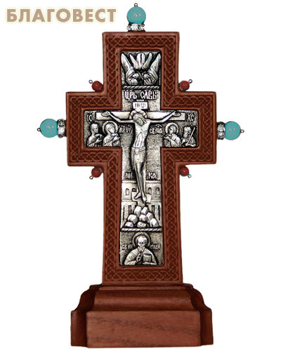 Крест гальванический на подставке малый с украшением. Натуральные камни, посеребрение