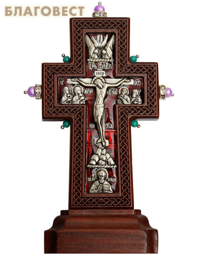 Крест гальванический на подставке малый с украшением, натуральные камни, эмаль