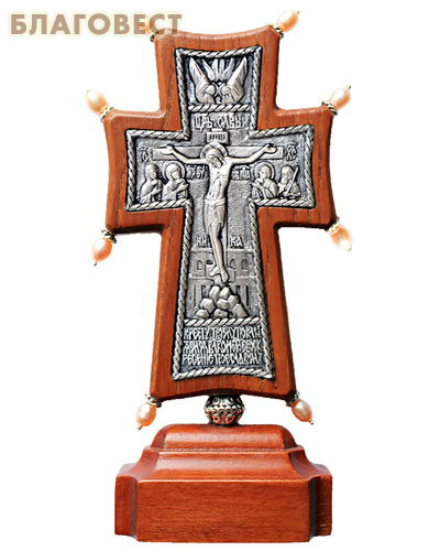 Крест гальванический на подставке Византийский, малый. Натуральный жемчуг, посеребрение