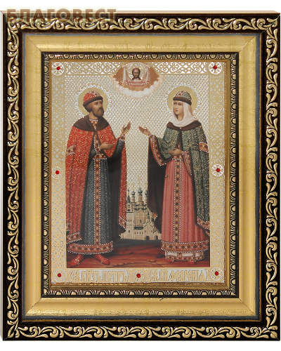 Икона святые благоверные Петр и Феврония. Киот (узкий), багет, стразы, стекло