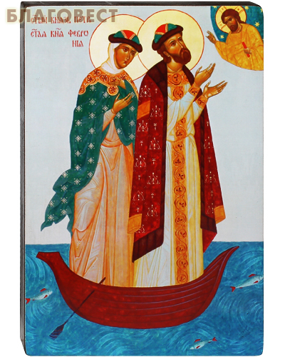 Икона Святые благоверные Петр и Феврония Муромские в лодке. Полиграфия, дерево, лак
