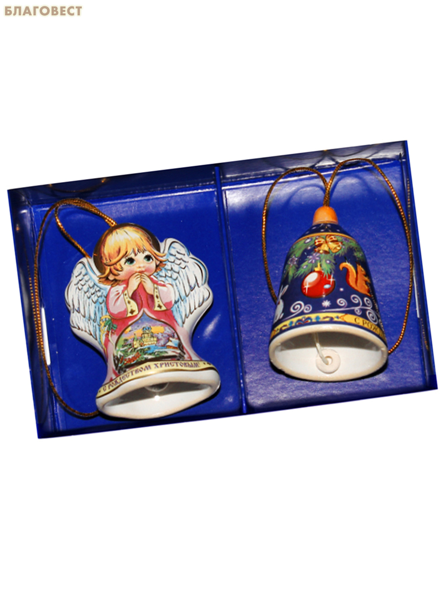 Набор из 2-х елочных игрушек Ангел и Колокольчик, высота 6см, керамика