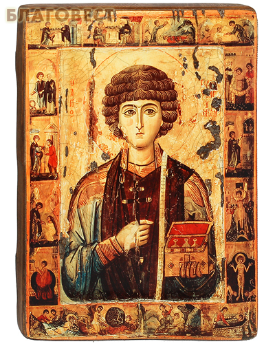 Икона Святой великомученик и целитель Пантелеимон, размер 21х29,5см, с ковчегом, дерево, левкас, лак, патина