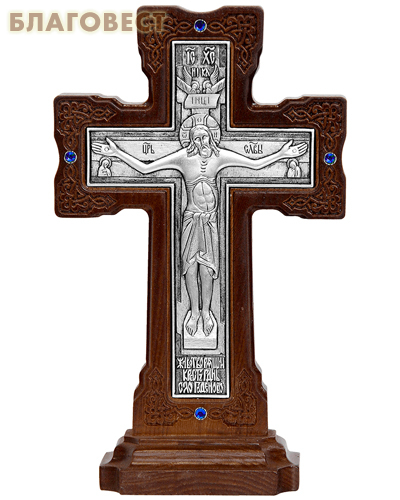 Крест гальванический на подставке из ясеня, серебрение, стразы