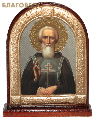 Икона Преподобный Сергий Радонежский, на подставке, дереве (берёза), декор
