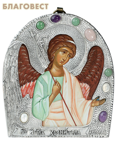 Икона в окладе Ангел Хранитель, дерево, посеребрение, камни