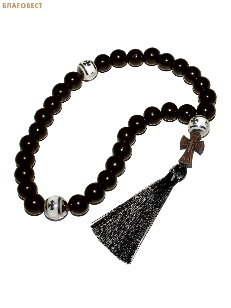 Четки из гагата (30 зерен) с крестом из самшита