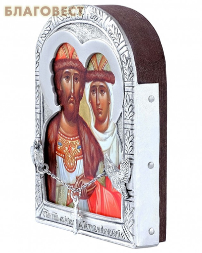 Икона в окладе «Святые благоверные Петр и Феврония Муромские», дерево, посеребрение