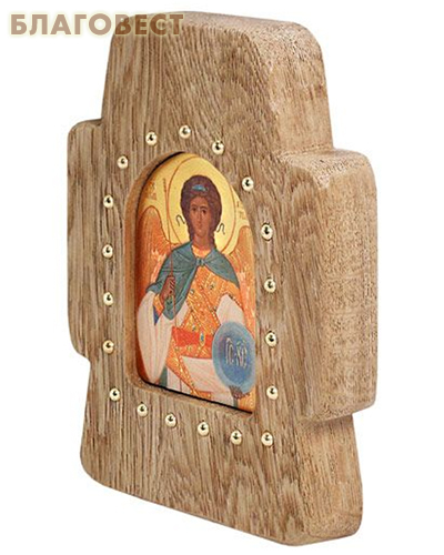 Крест настенный с иконой Ангел Хранитель /ясень, лак, поталь, декор (гвозди)