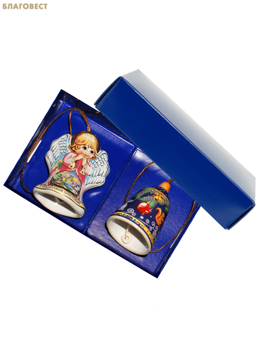 Набор из 2-х елочных игрушек Ангел и Колокольчик, высота 6см, керамика