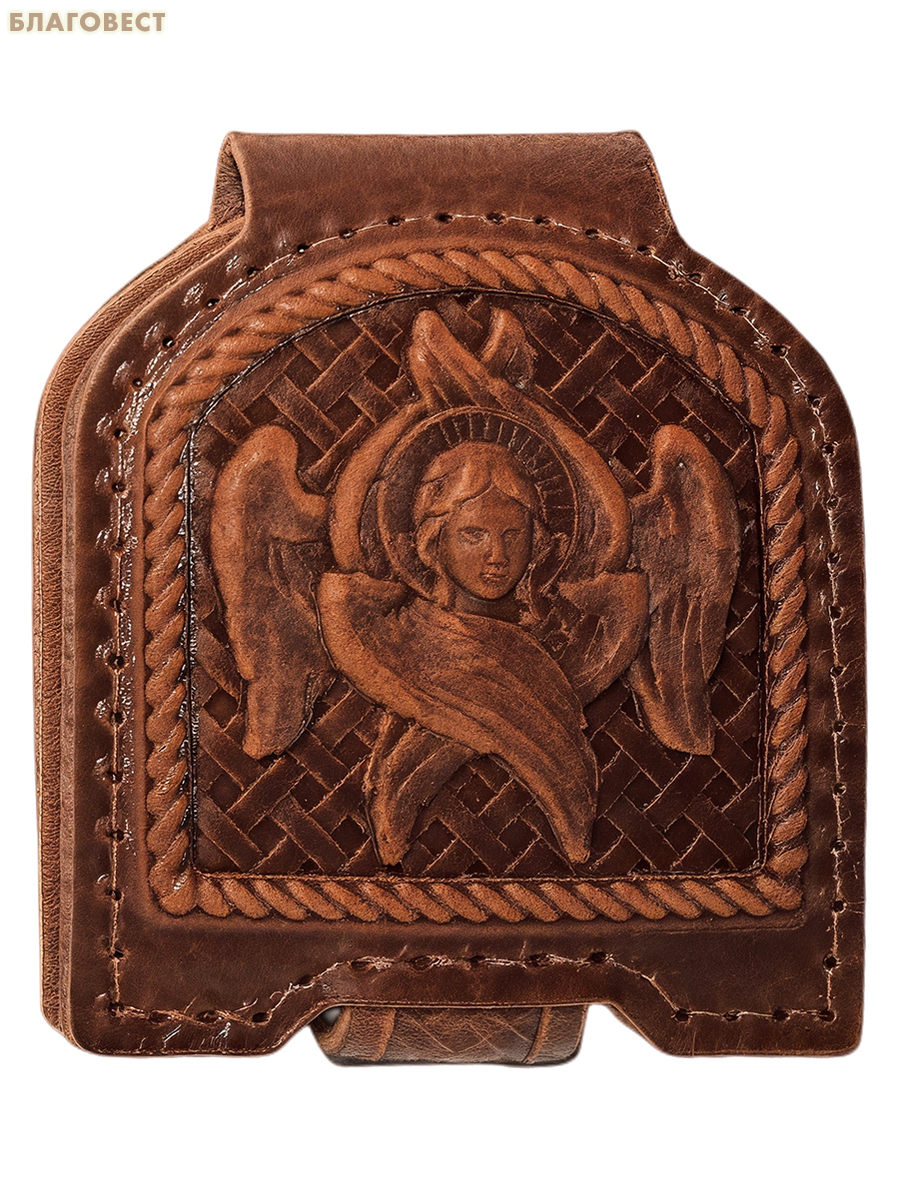 Икона дорожная раскладная Пресвятая Богородица «Неопалимая Купина» (натуральная кожа). Цвет коньяк