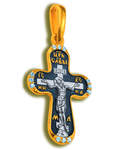 Крест двухсторонний Спаситель - Ангел Хранитель, серебро с чернью и позолотой 5 мкр. Au 999, вставка из 12 бесцветных фианитов(средний)