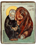 Икона Преподобный Серафим Саровский с медведем, размер 20х25см, с ковчегом, дерево, левкас, лак, патина