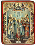 Икона Собор святых целителей, чудотворцев и бессребреников, размер 18,5х24,5см, дерево, левкас, лак, патина