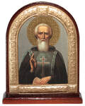 Икона Преподобный Сергий Радонежский, на подставке, дереве (берёза), декор