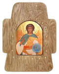 Крест настенный с иконой Ангел Хранитель, ясень, лак, поталь, декор (гвозди)