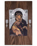 Икона Пресвятая Богородица «Владимирская» в венце с камнями, ясень, латунь, серебрение, поталь
