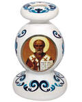 Подсвечник с ликом Святителя Николая Чудотворца, высота 5,5см, диаметр отверстия 8мм, керамика