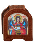 Икона дорожная раскладная Архангел Михаил (натуральная кожа). Цвет коньяк